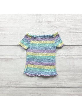 Beautees Girls Smocked Off-Shoulder Pastel Striped Top Short Sleeve 7-8